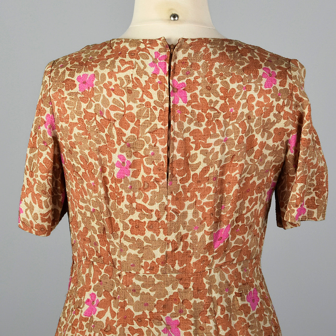 1950s Brown Floral Dress with Cut Out Neck