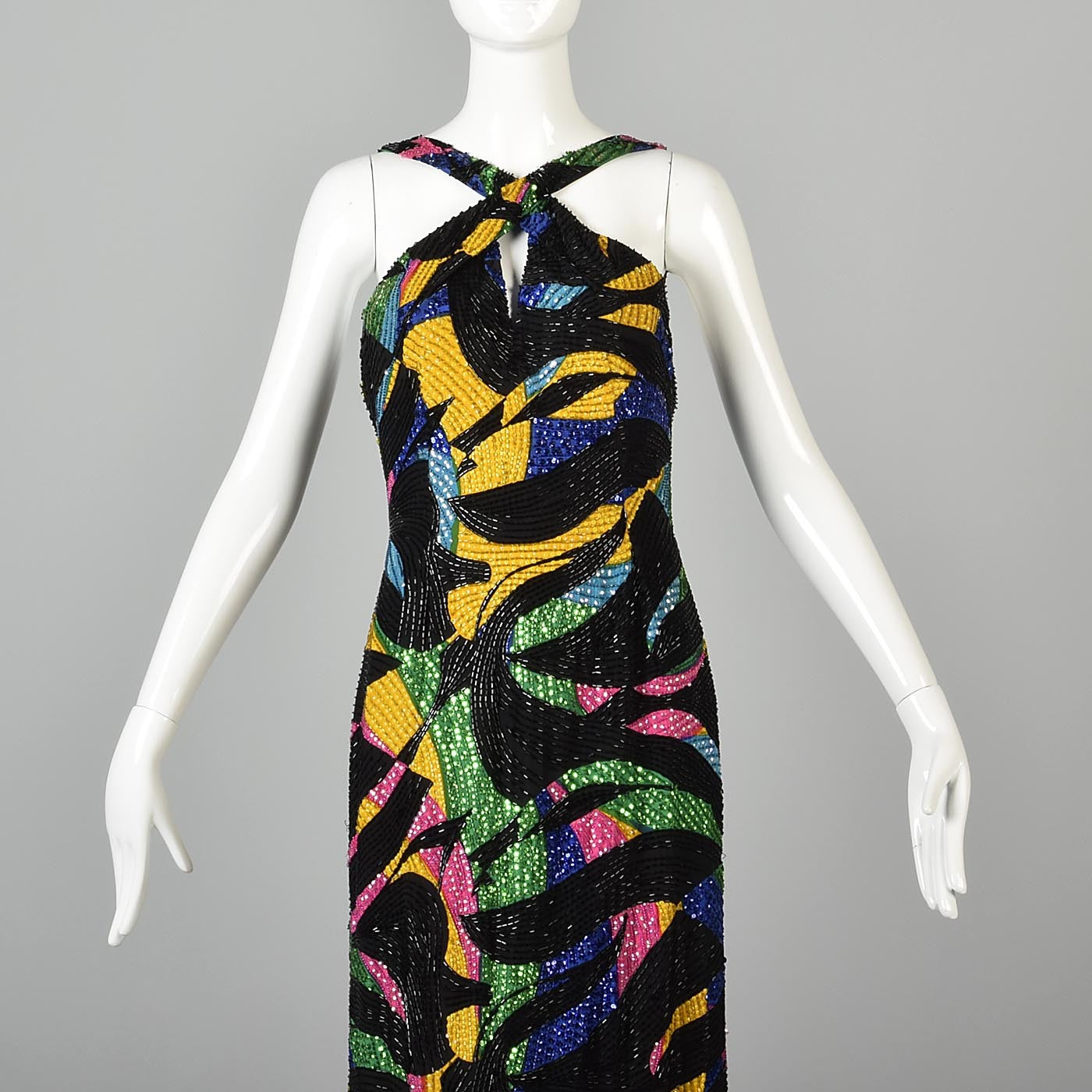 1990s Michael Novarese Abstract Beaded Formal Dress