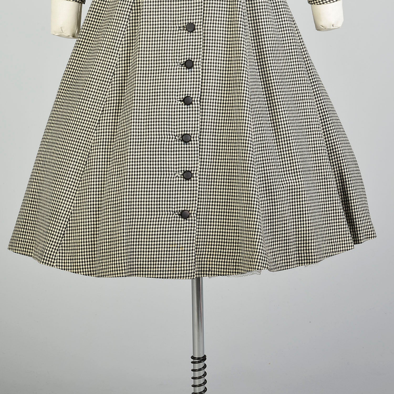 Small 1950s Wool Black White Fit & Flare Houndstooth Winter Coat Dress