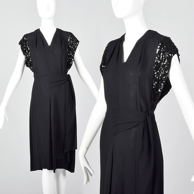 1940s Black Rayon Dress with Sequin Sleeves
