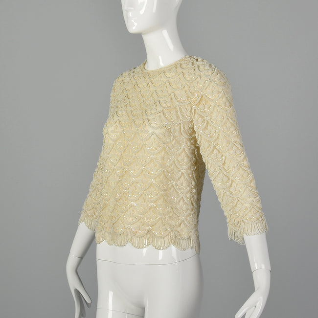 XXS 1960s Ivory Beaded Blouse