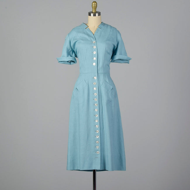 Medium 1940s Linen Day Dress with Button Front