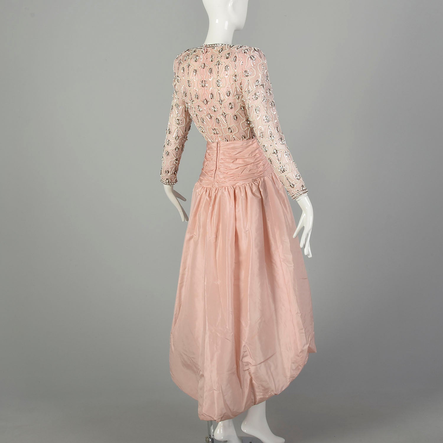 XS 1980s Victoria Royal Evening Gown Hi-Lo Skirt Beaded Pearl Bodice Pink Taffeta