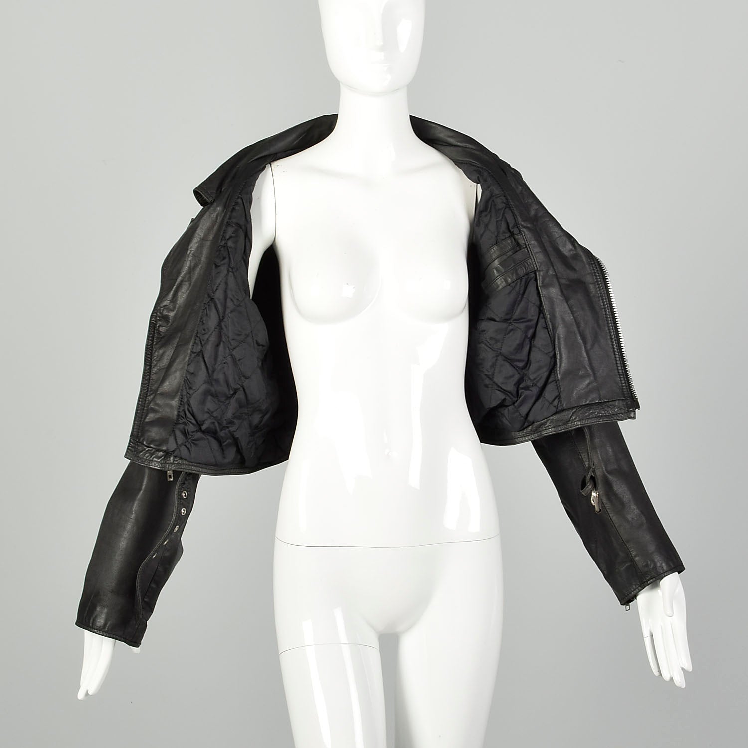 1990s Black Leather Cropped Biker Jacket Belt