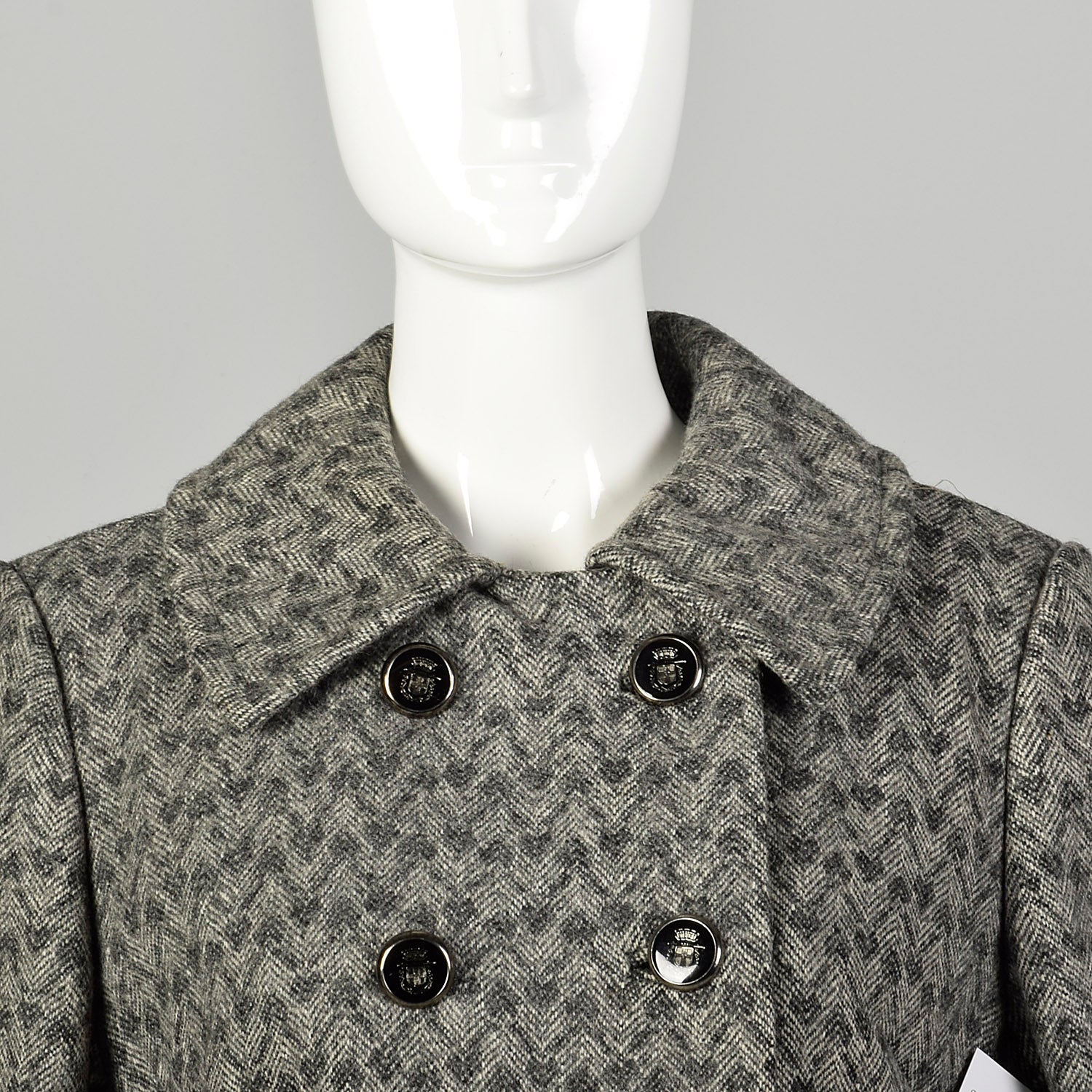 Small 1960s Coat Mod Gray Tweed Herringbone Double Breasted Winter Outerwear