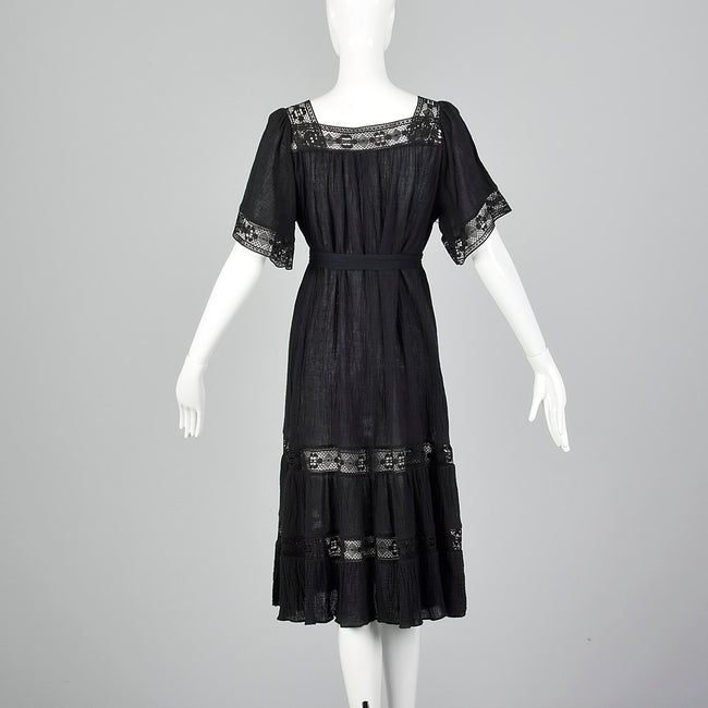 1970s Black Gauze Dress with Lace Trim