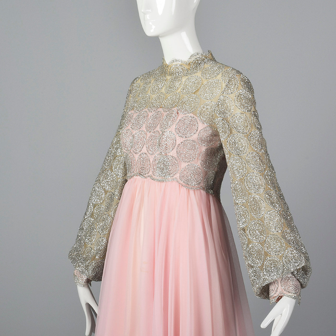 1960s Pink Dress with Silver Lace Overlay