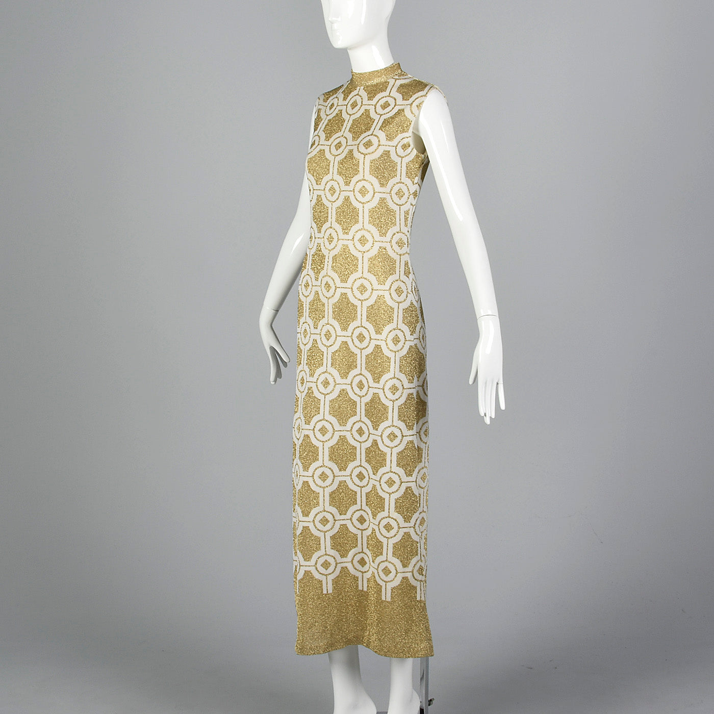 Incredible 1960s Balmain Les Tricots Geometric Gold Knit Maxi Dress