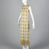 Incredible 1960s Balmain Les Tricots Geometric Gold Knit Maxi Dress