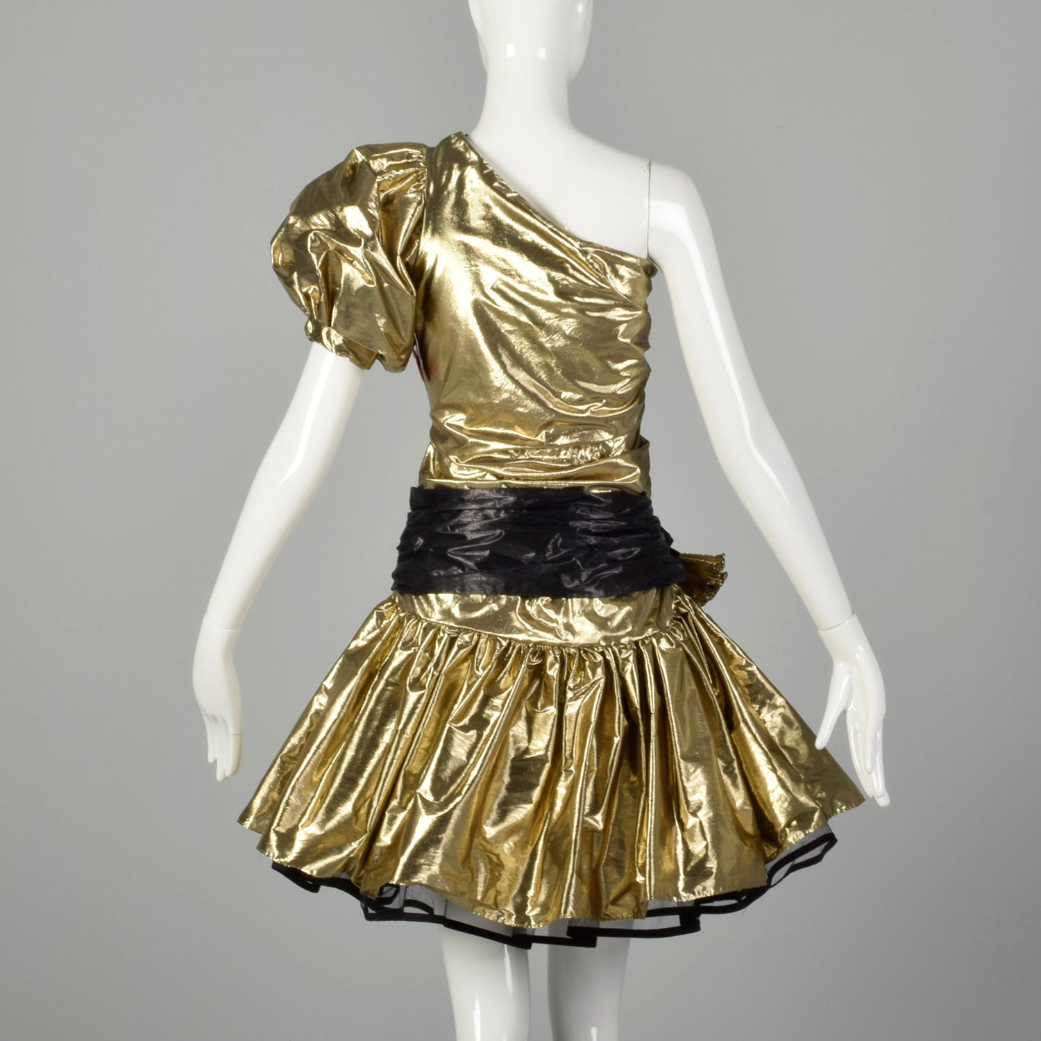 Medium 1980s Gold Lamé Prom Dress Asymmetric Drop Waist