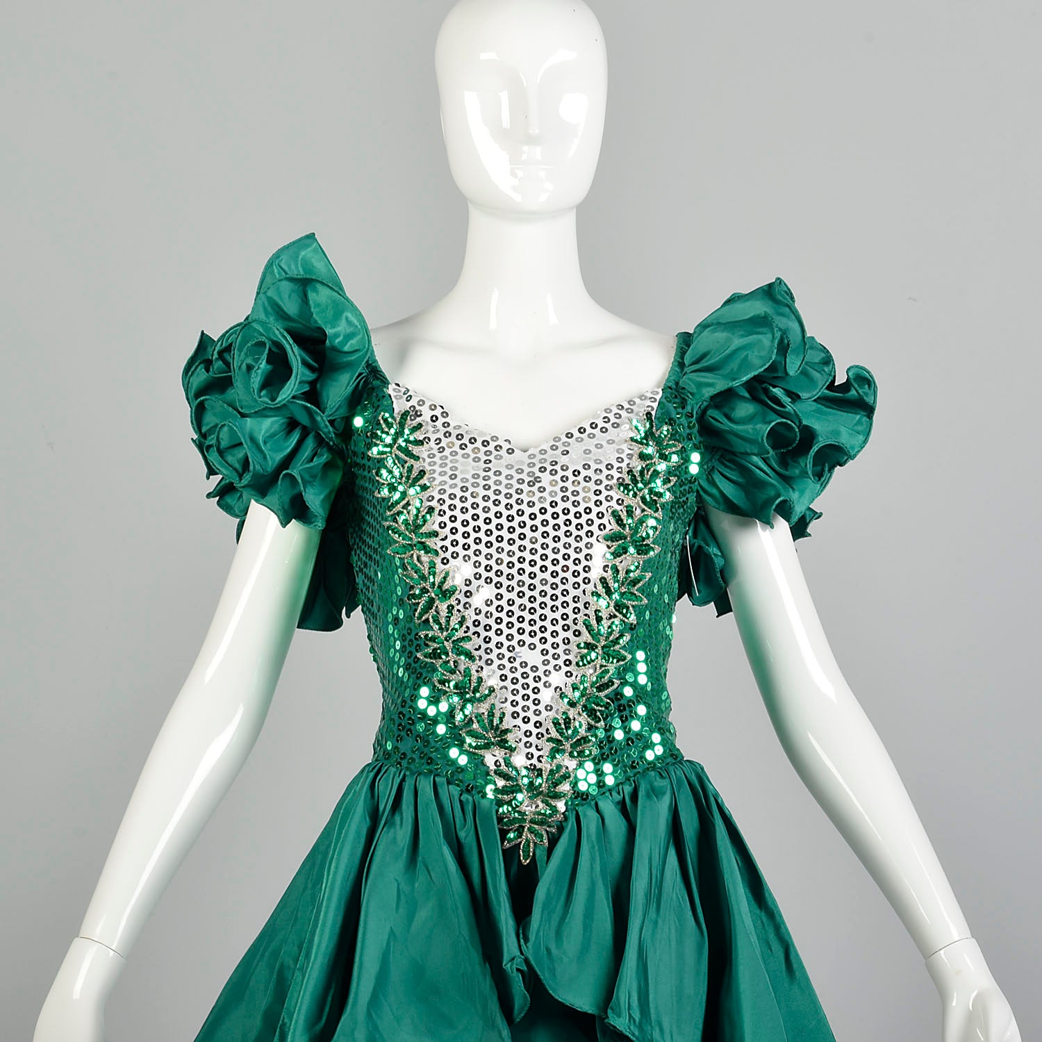 Medium 1980s Sequin Peplum Prom Dress Green Silver Hi-Low Hem Mini Pencil Skirt