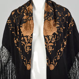 Black Silk Piano Shawl Brown Floral Embroidery Rhinestones with Fringe