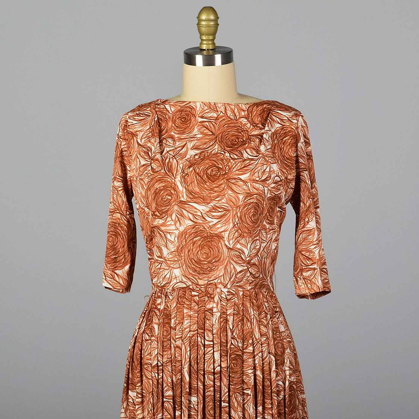 1960s Brown Rose Print Dress