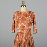 1960s Brown Rose Print Dress