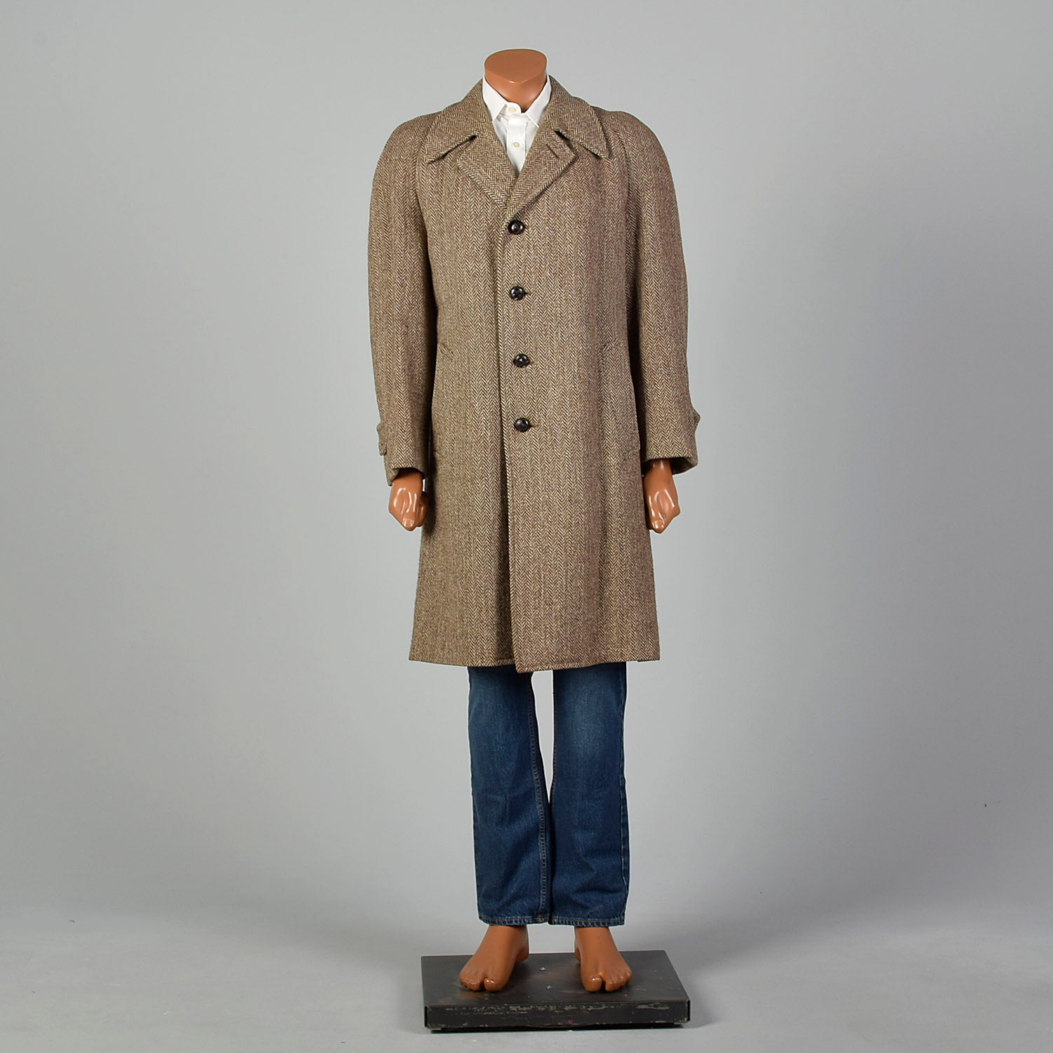 41 Medium 1950s Mens Brown Wool Tweed Coat