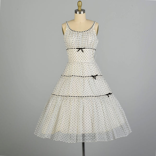 Medium 1950s Black & White Sleeveless Polka Dot Fit & Flare Party Dress