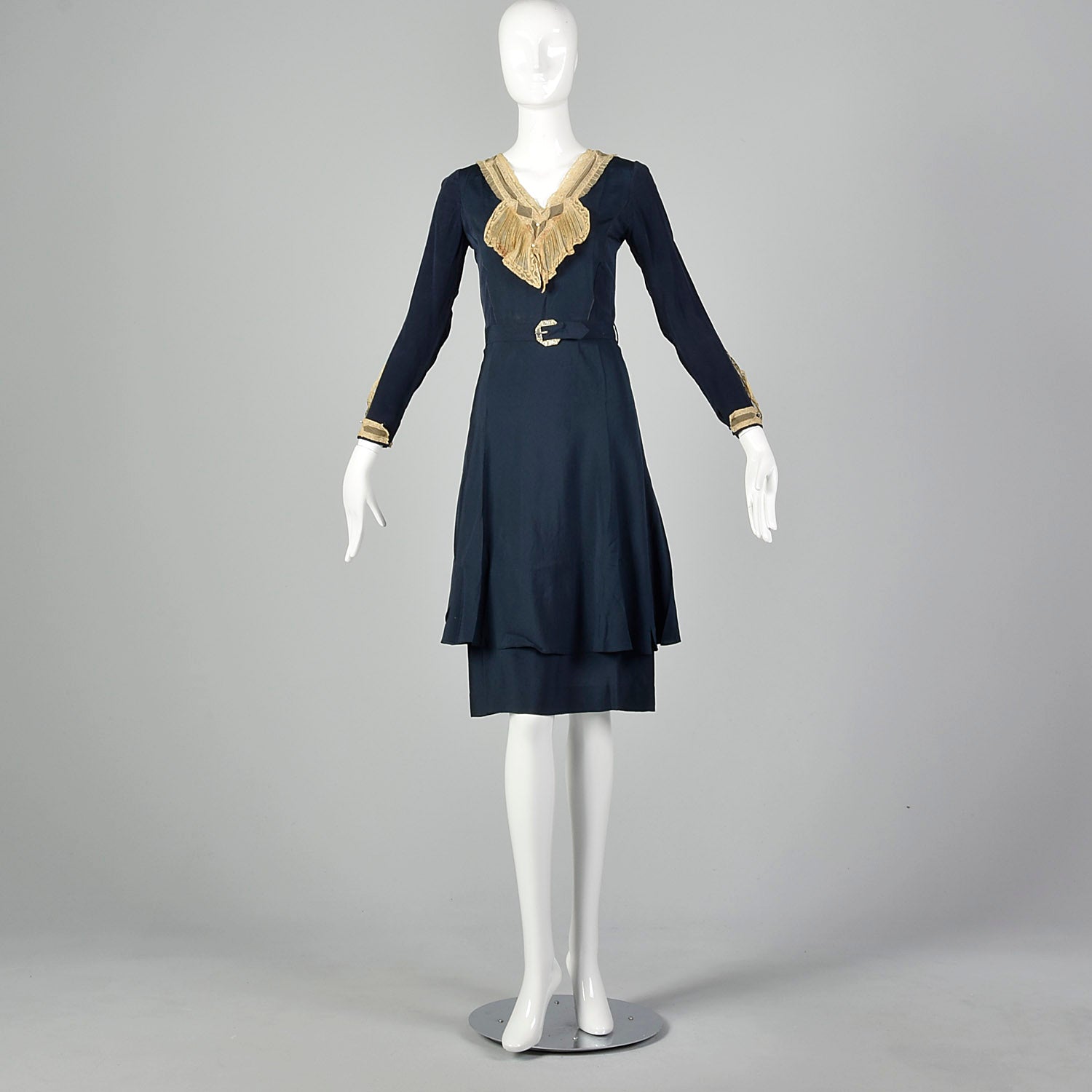 XS Frances Faire Frocks 1930s Navy Blue Lace Collar Dress