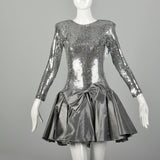 XS 1980s Silver Sequin Party Dress Bow Drop Waist Long Sleeve
