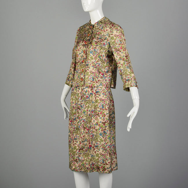 XS 1960s Silk Skirt Suit with Garden Theme Print