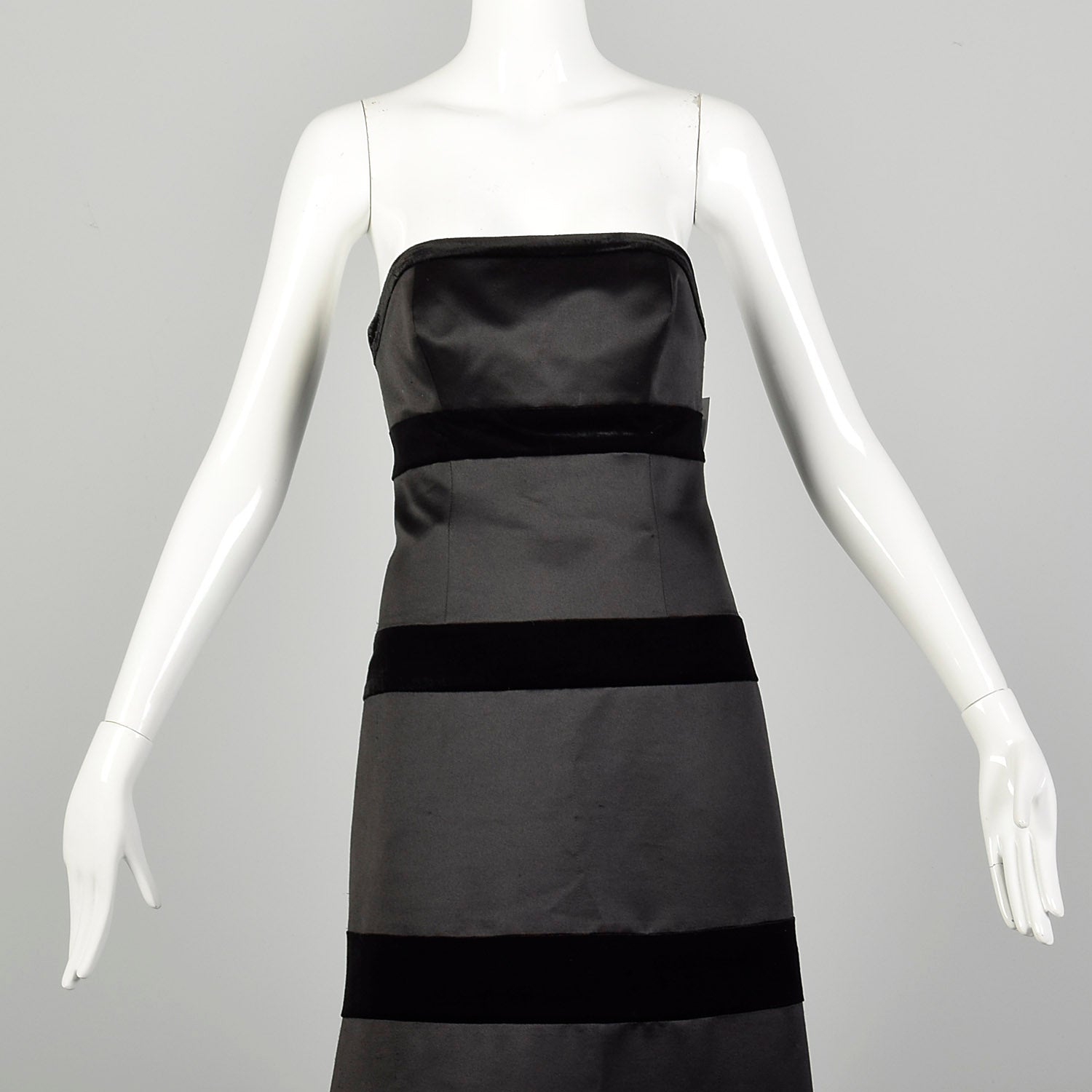 XS 1980s Dress Black Strapless Velvet Stripe Formal Evening Gown