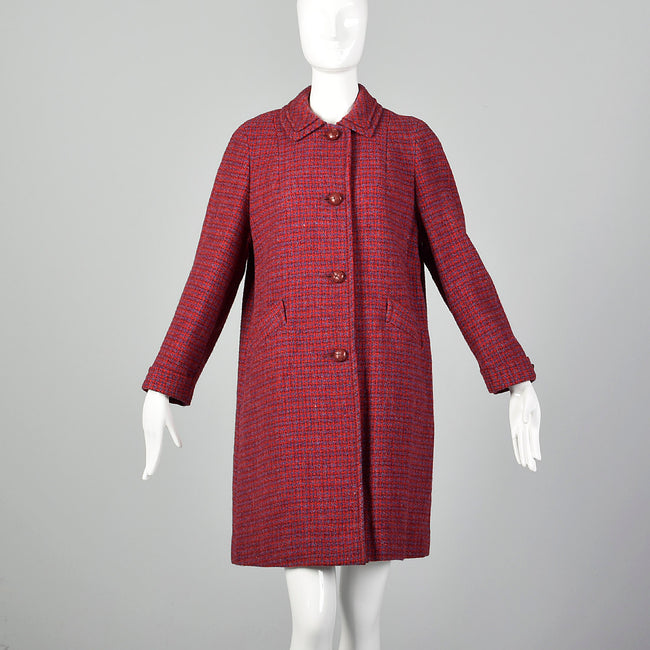 Medium 1960s Red and Blue Scottish Wool Tweed Coat