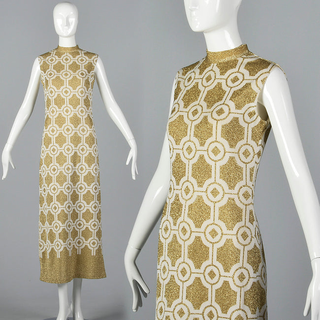 Incredible 1960s Balmain Les Tricots Geometric Gold Knit Maxi Dress