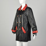 XL 1980s Military Inspired Black Leather Jacket Double Breasted with Red Trim