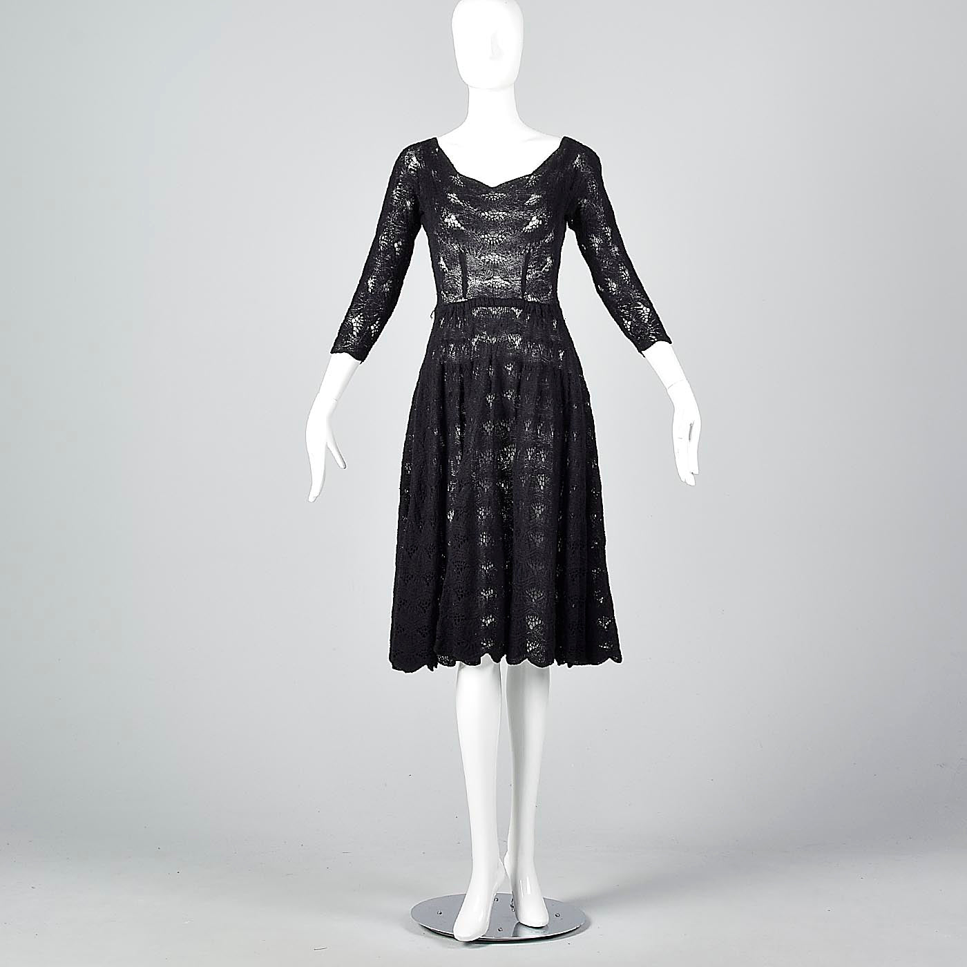 1950s Sexy Black Crochet Cocktail Dress with Full Skirt