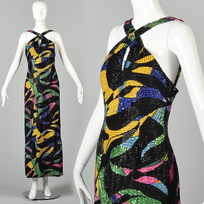 1990s Michael Novarese Abstract Beaded Formal Dress