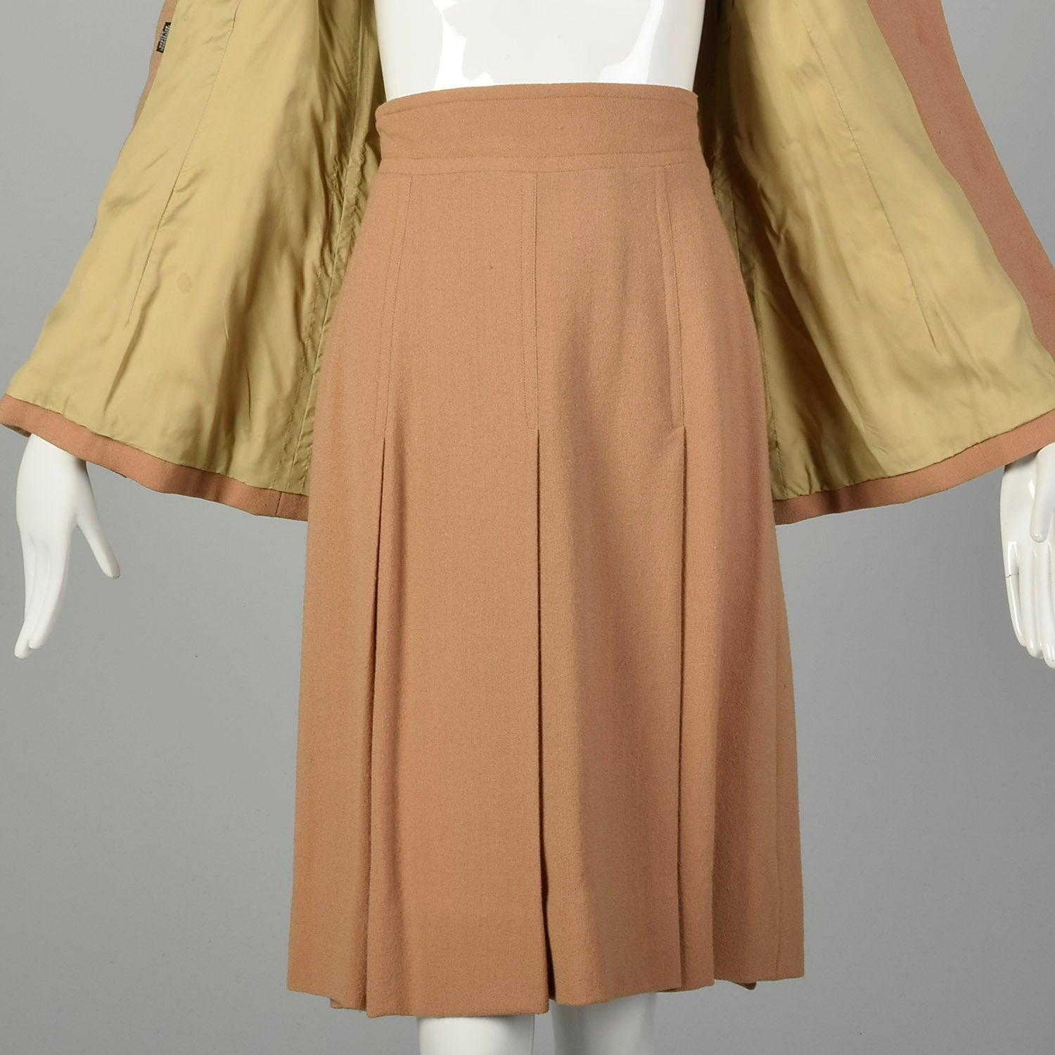 Small 1970s Suit Minimalist Camel Pleated Skirt 2pc Blazer Ensemble