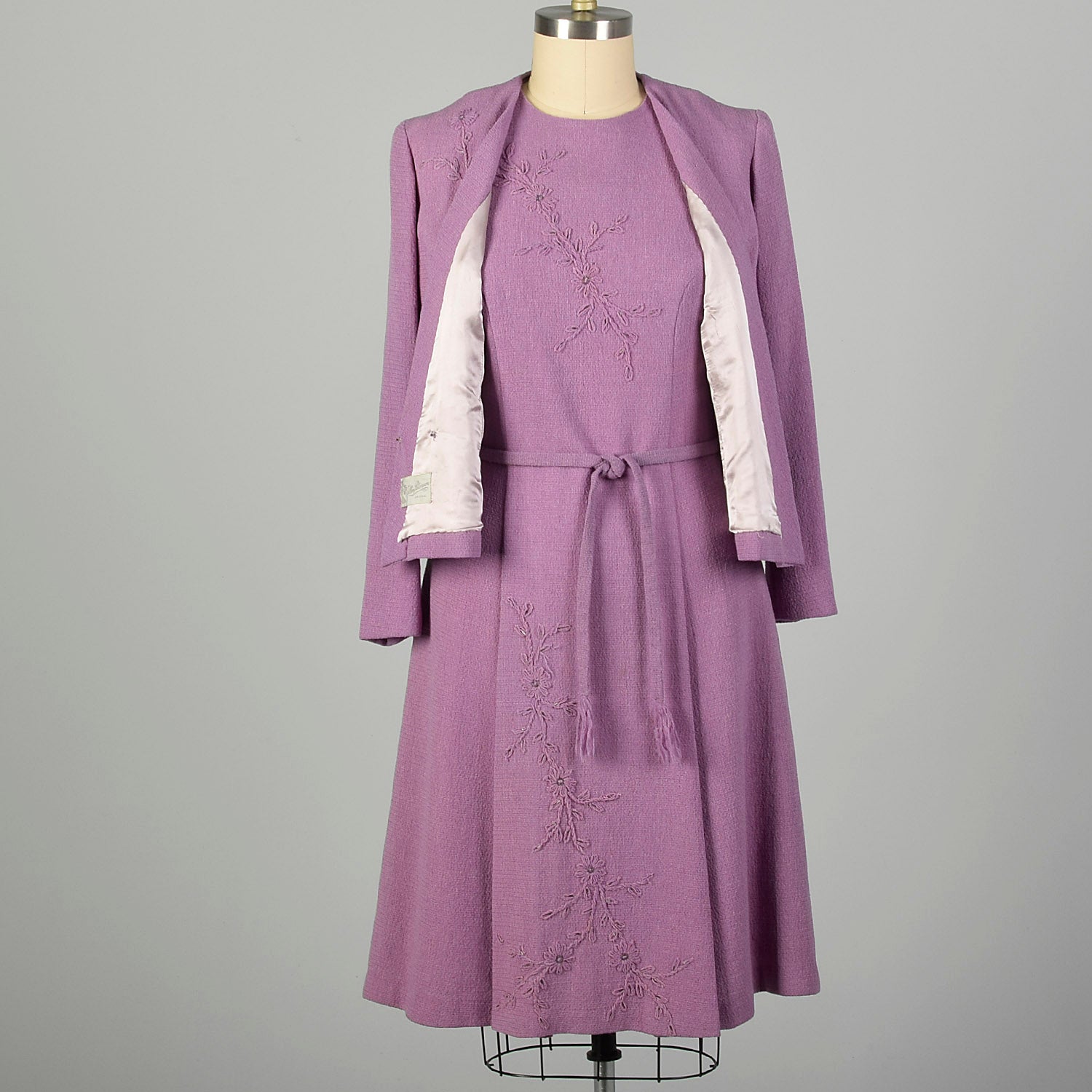 XL 1960s Set Purple Tweed Autumn Jacket Lilac Day Dress Ensemble