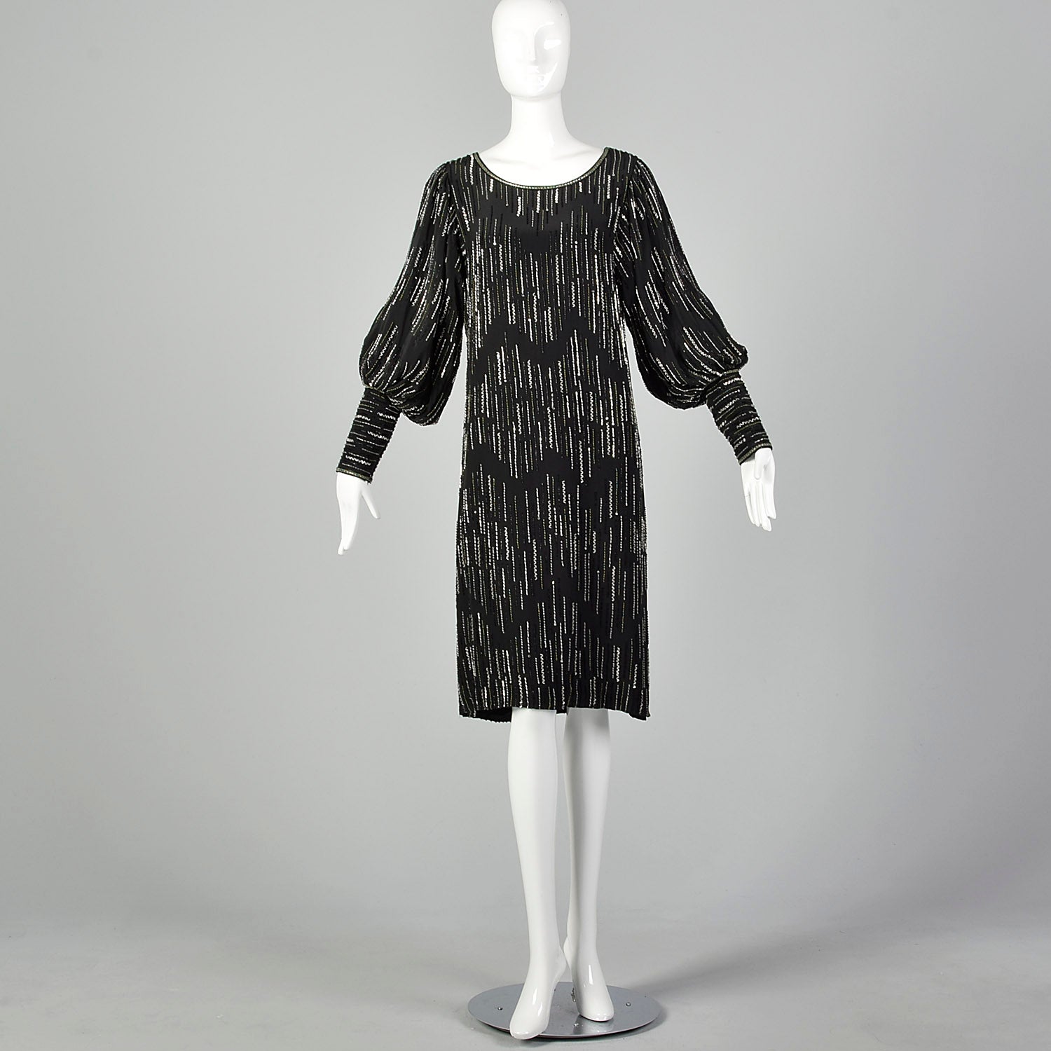 1980s Argenti Black Silk Beaded Dress
