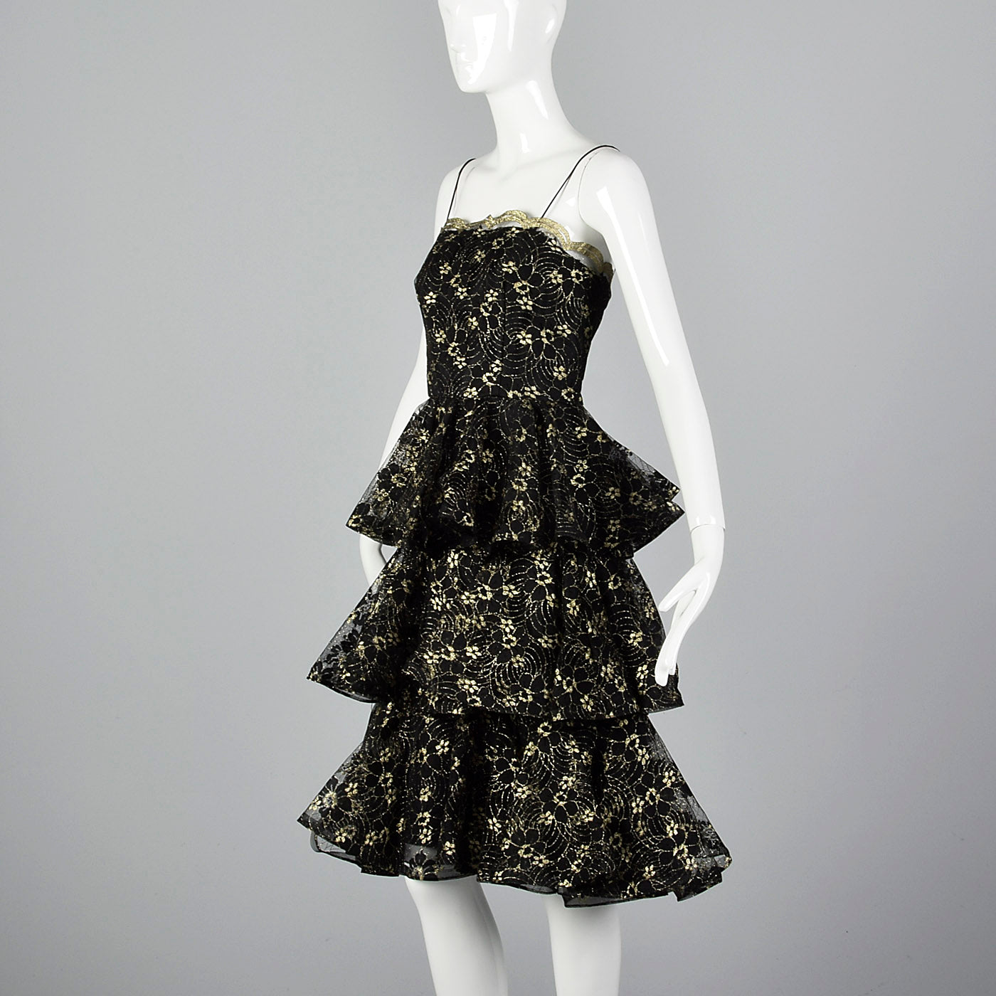 1980s Lillie Rubin Black & Gold Lace Dress with Layered Skirt