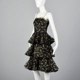 1980s Lillie Rubin Black & Gold Lace Dress with Layered Skirt