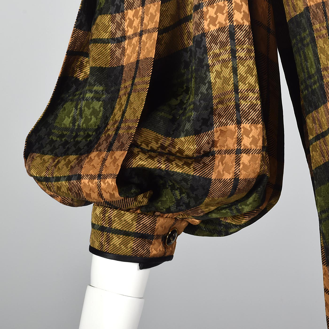 Galanos Pleated Silk Dress in Plaid with Bishop Sleeves