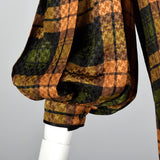 Galanos Pleated Silk Dress in Plaid with Bishop Sleeves
