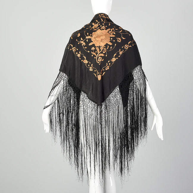 Black Silk Piano Shawl Brown Floral Embroidery Rhinestones with Fringe