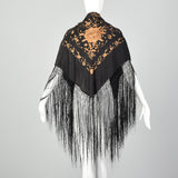 Black Silk Piano Shawl Brown Floral Embroidery Rhinestones with Fringe