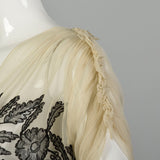 XS 1930s Old Hollywood Silk Gown Lace Black Ivory Panels Summer Sheer Flowy Sweeping Gown