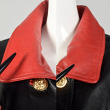 XL 1980s Military Inspired Black Leather Jacket Double Breasted with Red Trim