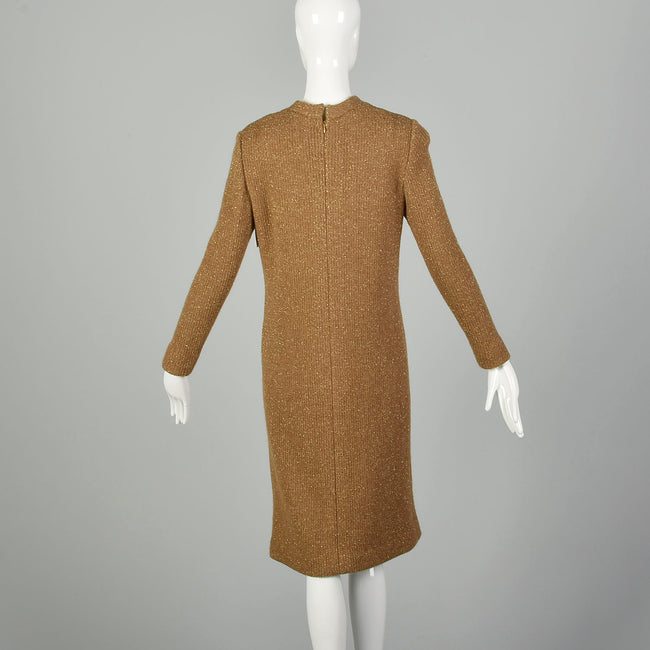 Medium 1970s Sweater Dress Cocktail Metallic Gold Cozy Ribbed Knit