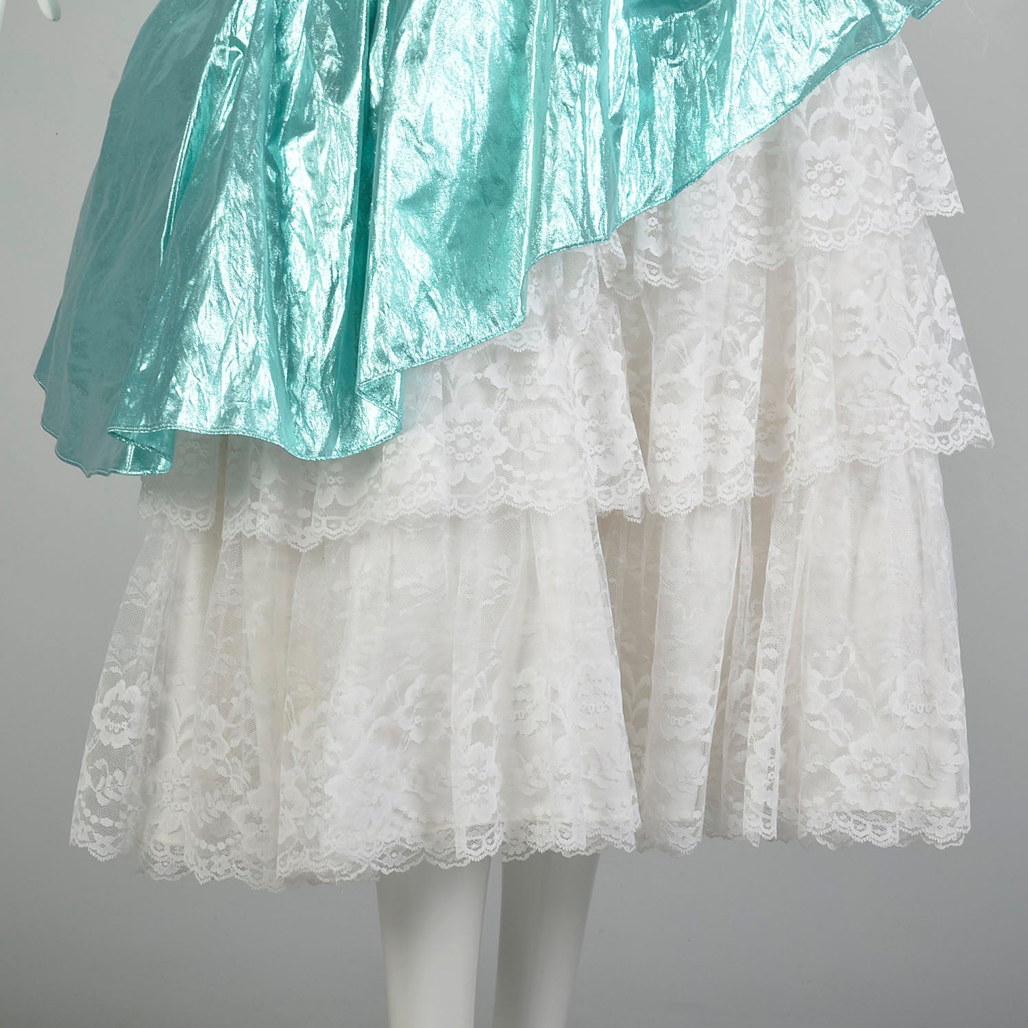 Small 1980s Strapless Sea Foam Aqua Asymmetric Lace Ruffle Prom Formal Evening Dress