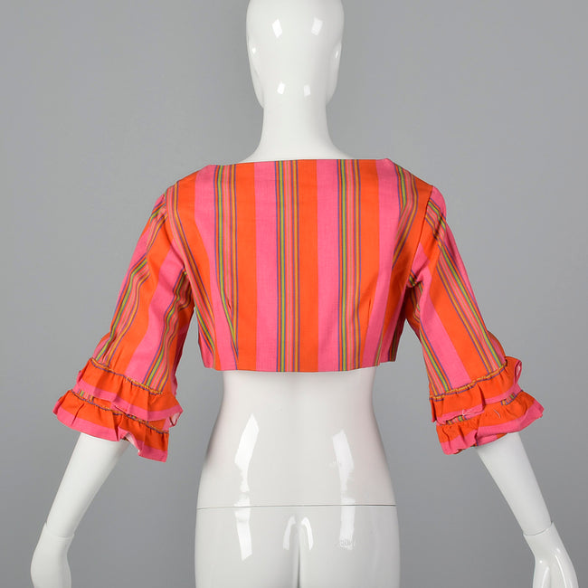 1970s Stripe Crop Top with Ruffle Sleeves