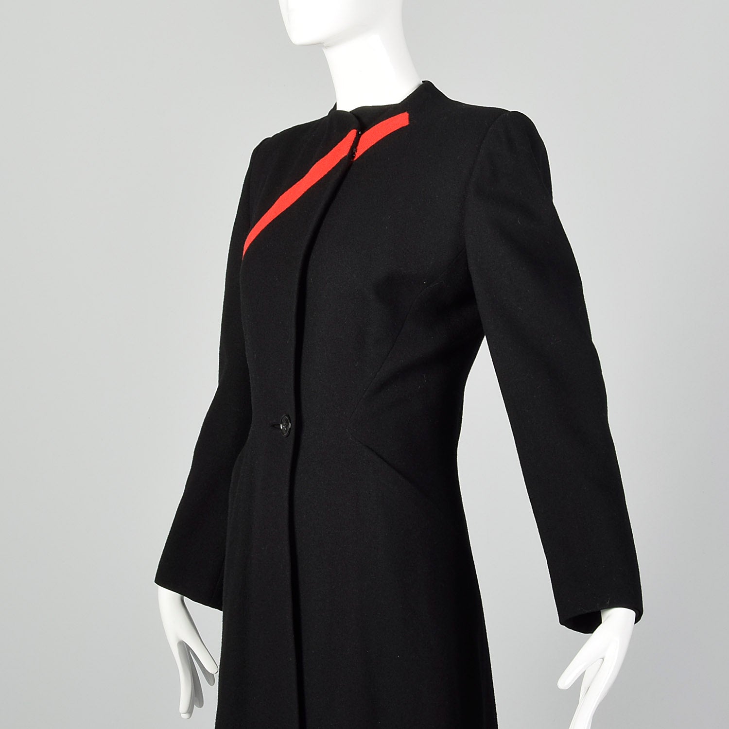1940s Gilbert Adrian Black Wool Coat with Asymmetric Red Stripe