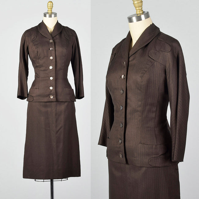 1950s Brown Two Piece Skirt Suit with Pockets