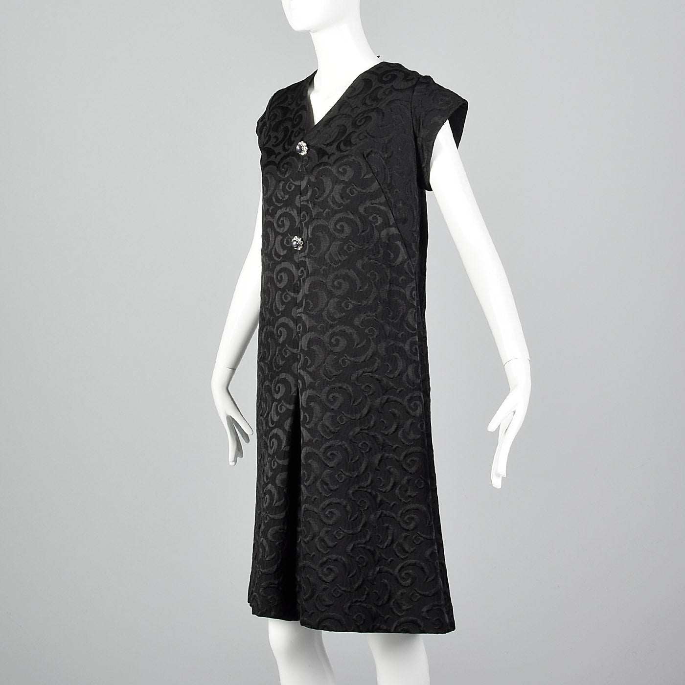 1960s Black Brocade Swing Dress