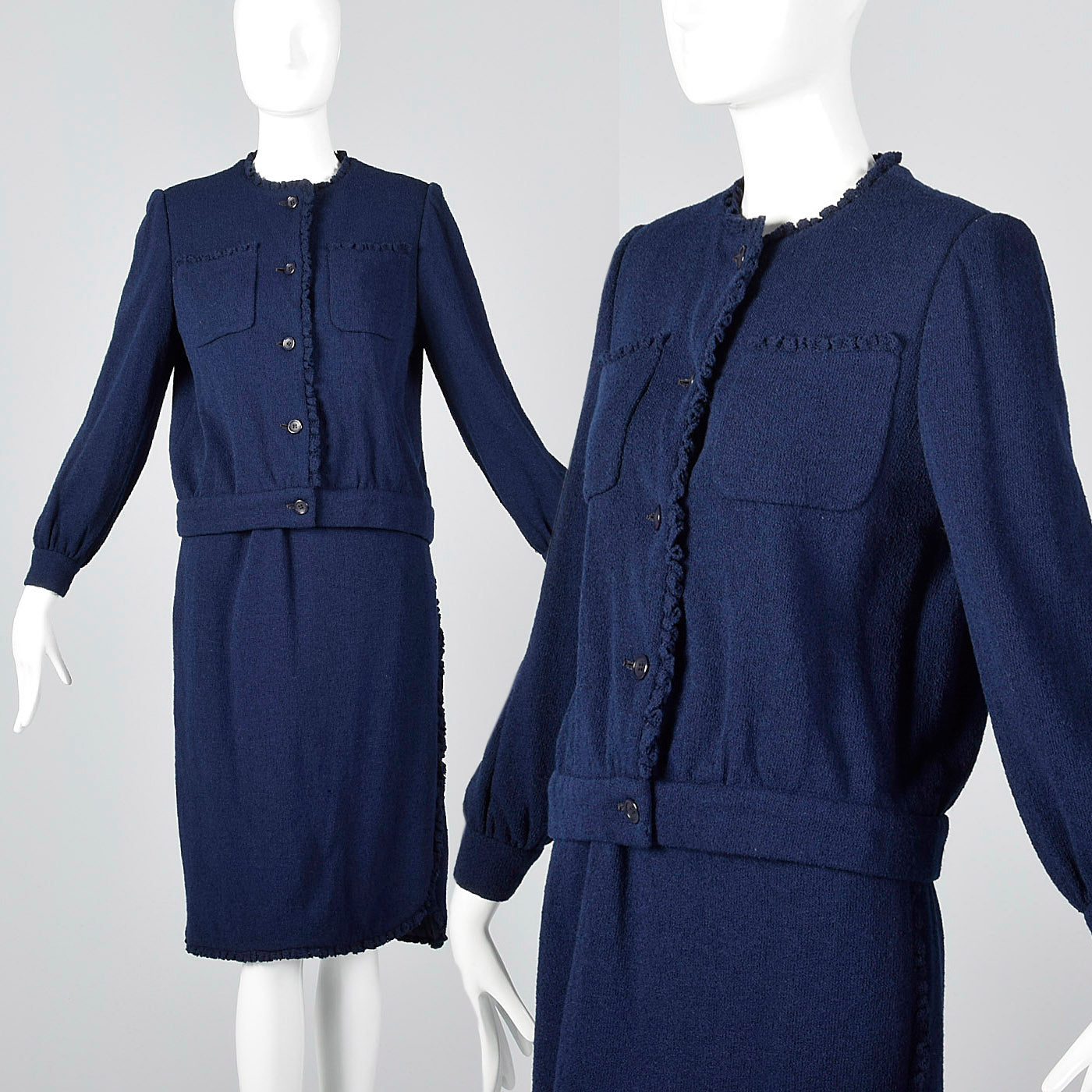 Medium 1970s Bill Blass Skirt Suit Navy Blue Knit Jacket