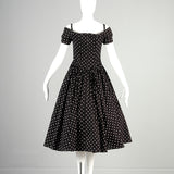 1980s I. Magnin Off Shoulder Party Dress in Black with White Polka Dots