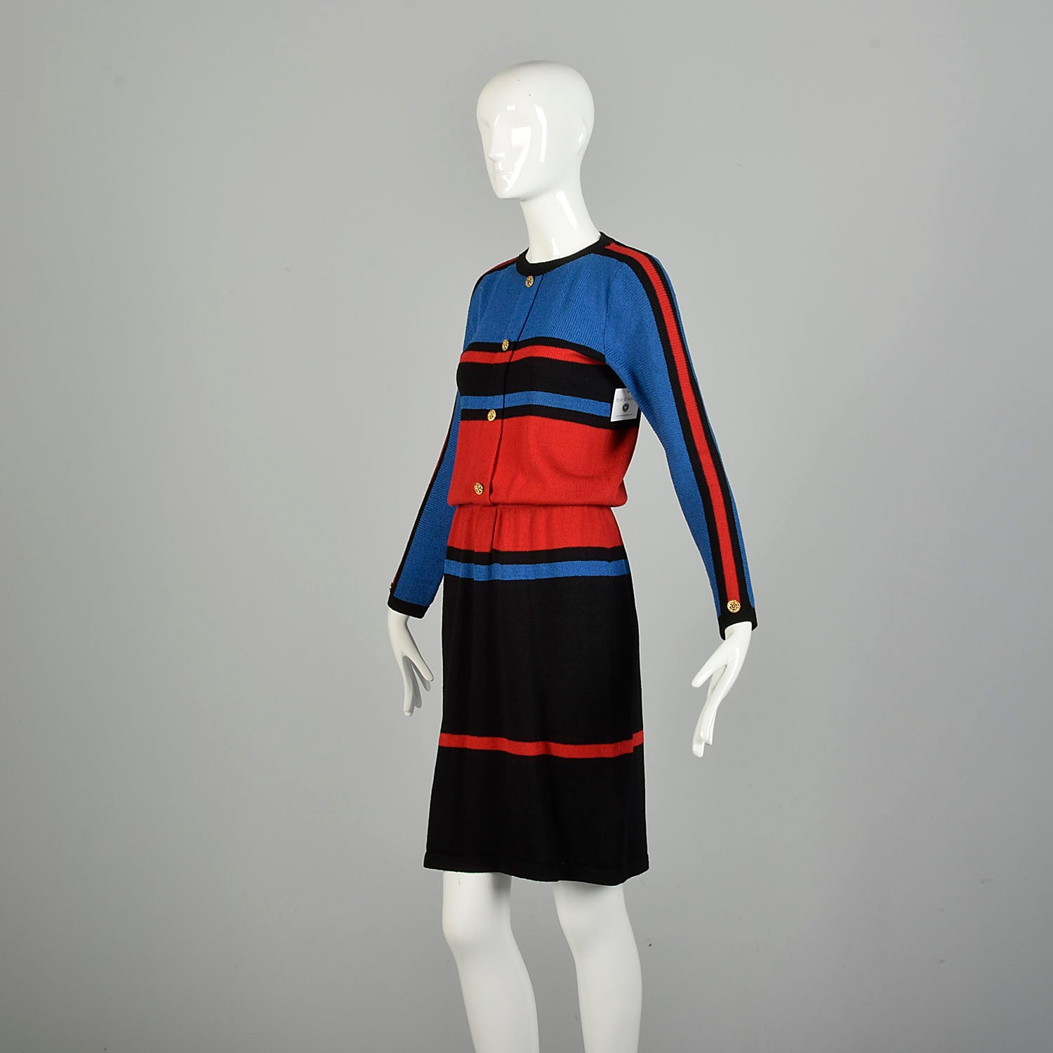 XS-Small 1980s Adolfo Long Sleeve Sweater Dress Color Block Knit Stripe Dress
