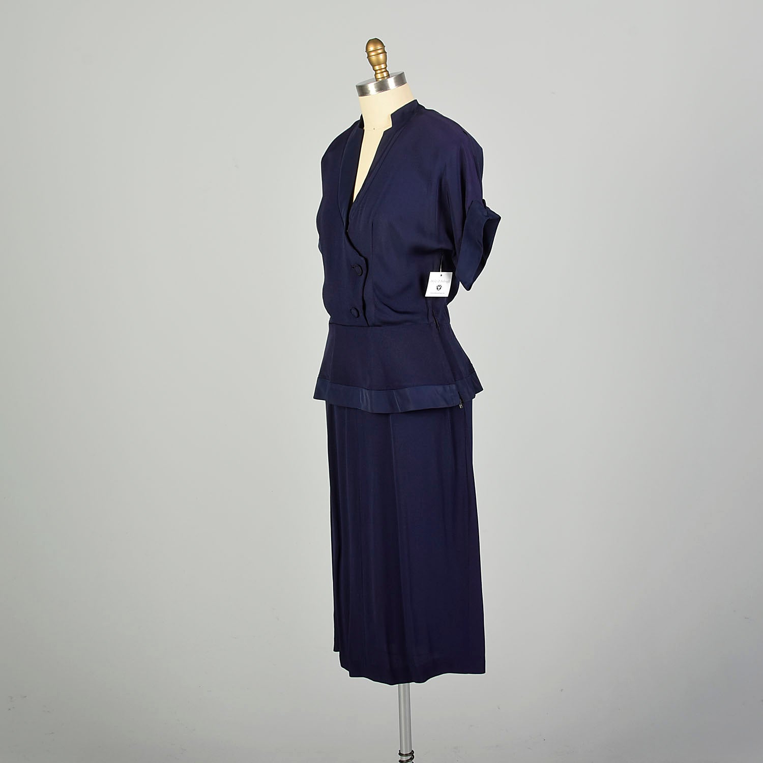 Large 1940s Dress Navy Blue Rayon Peplum Low Cut 'V' Neckline